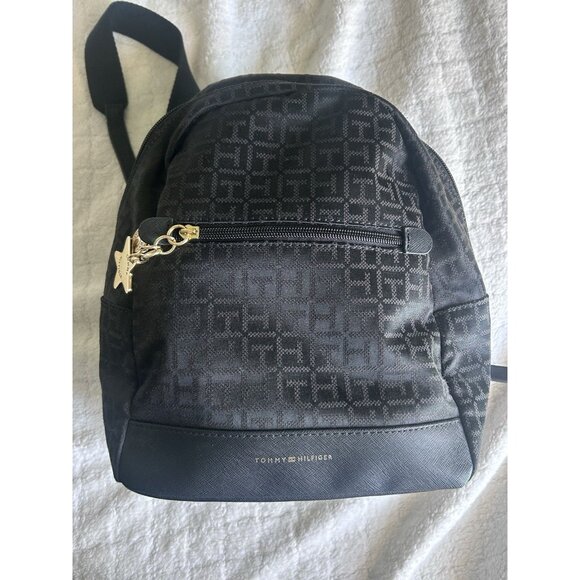 Tommy Hilfiger Women's Mini Backpack Black Bag Signature TH Pattern NWT - Picture 1 of 10